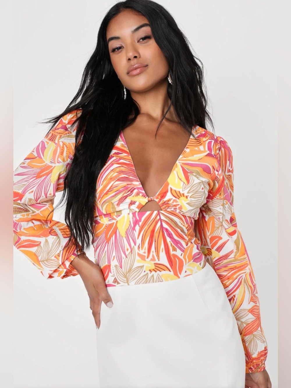 Made For The Islands Orange Floral Balloon Sleeve Tie-Back Top